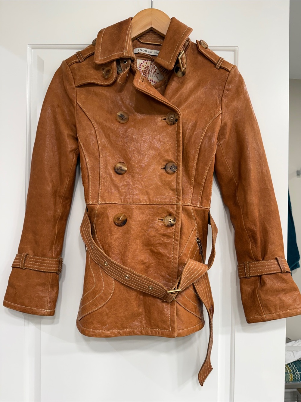 Andrew Marc Cognac Brown Leather Double-Breasted Trench Jacket